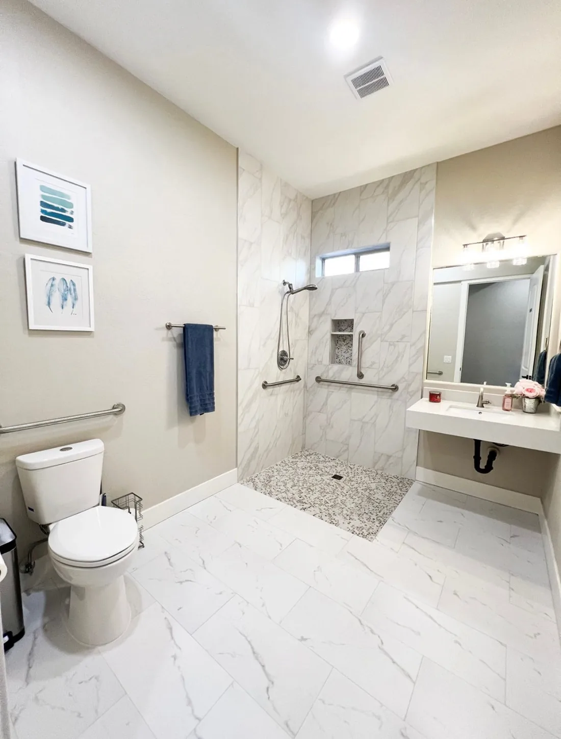 ADA-equipped bathroom with a zero-step roll-in shower and grab bars